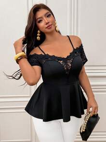 Femmeverse Plus Size Women's Spring/Summer Fashion Elegant Off-Shoulder V-Neck Lace Trim Patchwork Short Sleeve Knit Blouse - Black - View 3