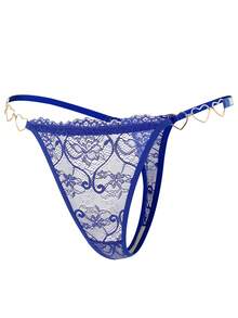 Divavoom Sexy Metallic Ribbon Heart Decor Lace Splicing G-String Panty, Rave - Blue - View 6