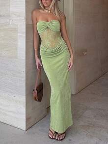 Glamine Vestido largo sexy para mujer de chica atractiva, verde, de punto, con torsión frontal, busto moldeador, cintura con empalme, bajo con volantes de encaje, adecuado para playa, Día de San Valentín, fiesta, ceremonia de graduación, evento de moda, carnaval, vacaciones, invitada de boda, cita, fiesta, concierto - Verde - Ver 4
