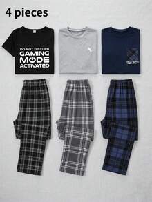 4 piezas Conjunto de pijama para adolescentes, top de manga corta en negro y gris jaspeado y pantalones a cuadros, tela suave y cómoda, diseño minimalista, elástica y transpirable, lavable a máquina (se venden 2 conjuntos por separado) - Multicolor - Ver 1