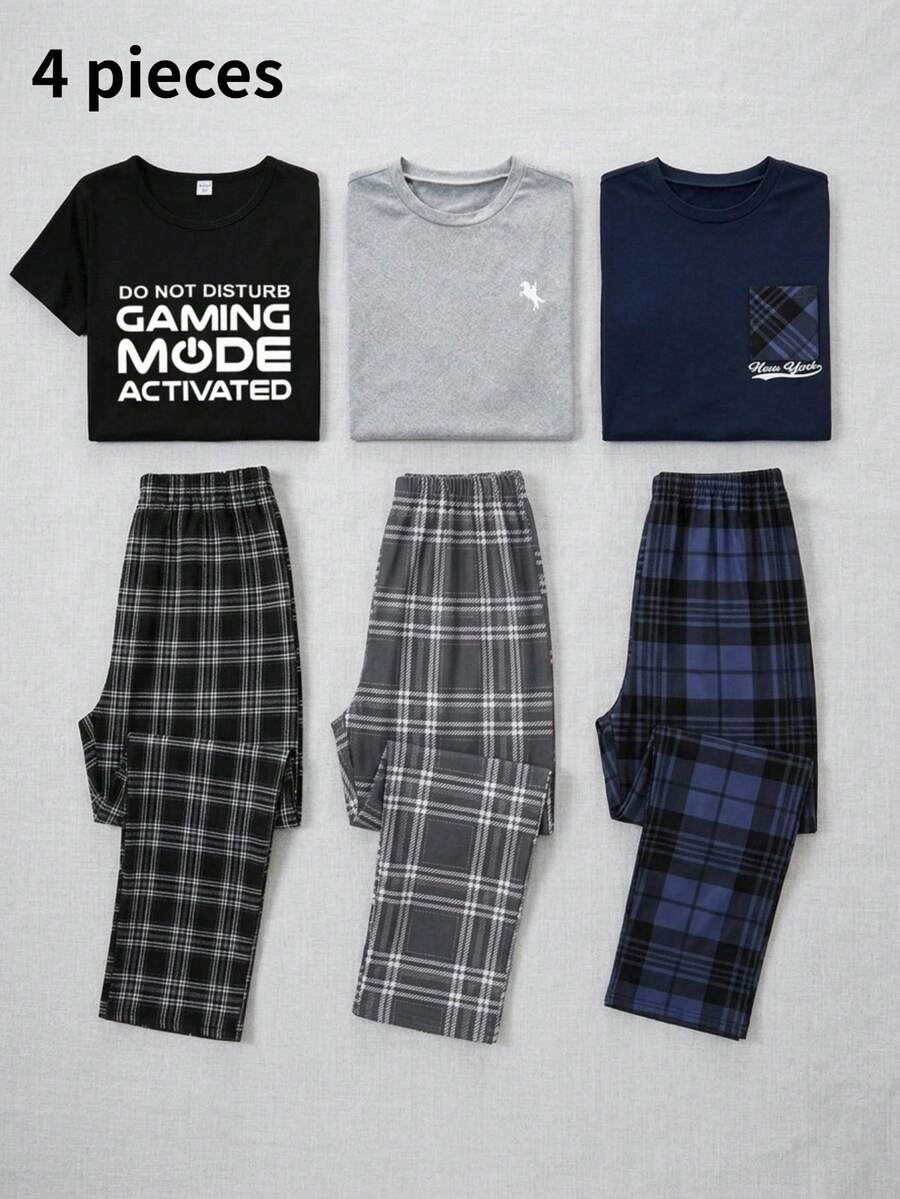 4 piezas Conjunto de pijama para adolescentes, top de manga corta en negro y gris jaspeado y pantalones a cuadros, tela suave y cómoda, diseño minimalista, elástica y transpirable, lavable a máquina (se venden 2 conjuntos por separado) - Multicolor - Ver 1