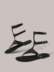 Styleloop Sandal Datar Wanita, Gaya Bohemian, Liburan Pantai, Gaya Barat, Pakaian Musim Panas, Perlengkapan Perjalanan - Hitam - View 4