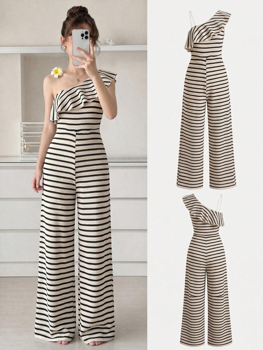 Mono de un solo hombro a rayas con volantes para niñas preadolescentes, casual para ir al trabajo & vacaciones - Negro - Ver 1