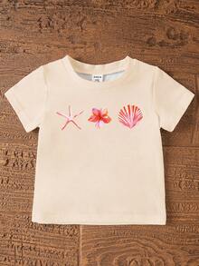 SHEIN 1 Set Young Girls T-Shirt Set Cute Marine Life, Shell, Bow Print Loose Round Neck Short Sleeve T-Shirt And Slim Fit Cycling Shorts Set, Suitable For Spring/Summer, Casual Vacation, Beach Weekend - Multicolor - View 5