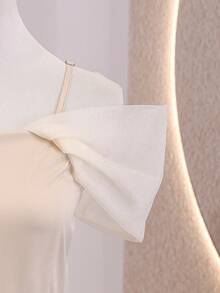Teen Girls Apricot Off-Shoulder Spaghetti Strap Satin & Mesh Patchwork Elegant Multi-Layer Cake Dress, Lightweight Soft Fabric, Suitable For Vacation, Graduation, Back To School, Wedding Season, Formal Parties And Events - Apricot - View 3