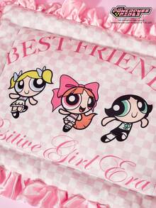 THE POWERPUFF GIRLS X PETSIN 1pc Pink Big Eyed Girl Good Friend Pink Checkered Letter Printed Pet Bed Soft And Comfortable Anti Slip Ruffled Edge Pet Bed - Multicolor - View 7