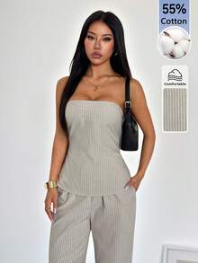 SHEIN PETITE 女款杏色條紋抹胸上衣與彈性腰長褲套裝，卡其色，夏季，時尚，早午餐，極簡日常度假穿搭，優雅通勤上班服裝 - 杏色 - 查看 6
