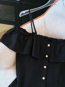 GlowEve Blusa casual y elegante de mujer con decoración de botones y ribete de volantes, para verano - Negro - Ver 4