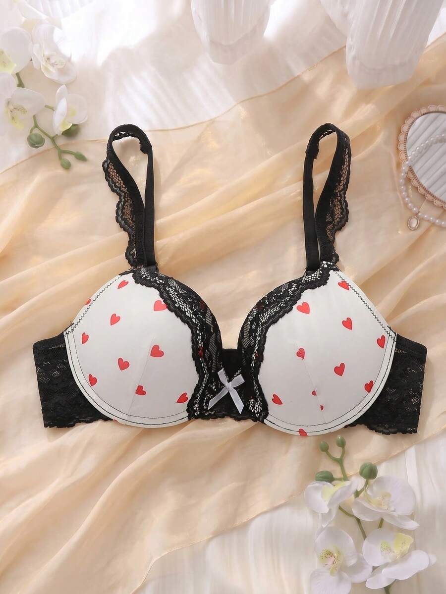 DelicateAllure Women's Contrast Color Lace Patchwork Bow Decor Heart Print Bra Cute Bra Push Up Bra - Multicolor - View 1