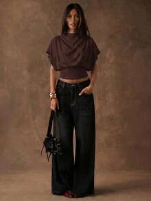 SHEIN BAE Women's Solid Color Versatile Ruched Batwing Sleeve T-Shirt,Summer Top - Brown - View 6