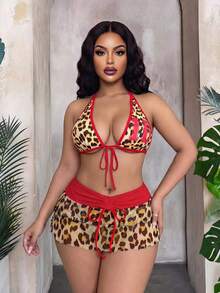 Slaydiva Plus Size Women's 3-Piece Set Leopard Print Swimsuit With Adjustable Strap Bikini,Short Mesh Skirt & Bowknot For Beige Summer Beach Vacation Holiday - Red - View 4