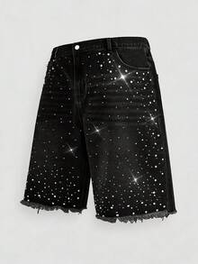 AXEPEAK Pantalones negros lavados para hombre con adornos de diamante de imitación, bermudas cortas - Negro - Ver 7