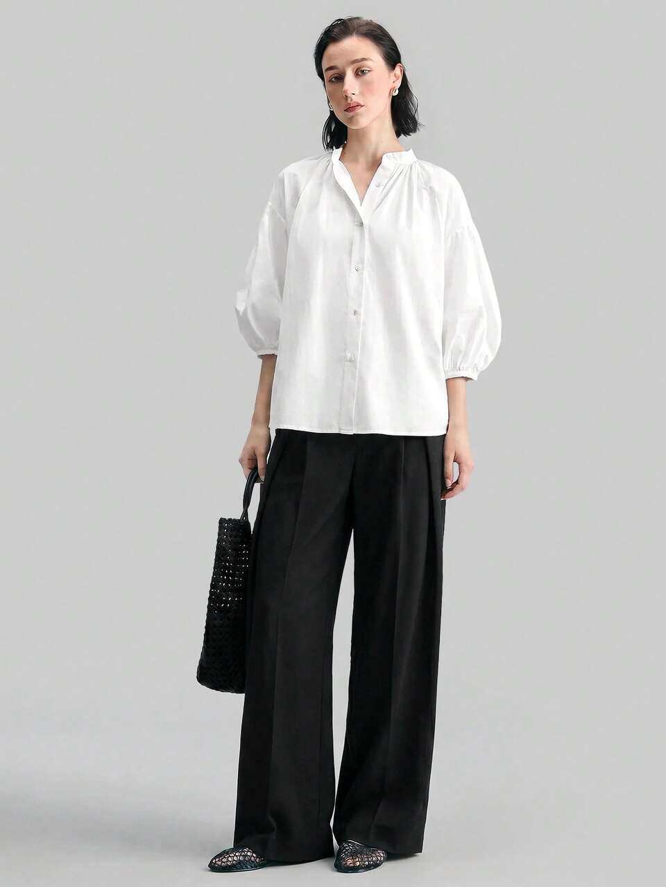 Women's Beige Comfortable Skin-Friendly Soft High-End Fabric Round Neck Dropped Shoulder 5/4 Puff Sleeve O-Shaped Silhouette Neckline Gathered Front Opening Waist Belt Cinched Cinched Waist Straight Silhouette Shirt Modern Urban Business Casual Urban Women's Wear Office Clothing Urban Commute High Quality Airport Women's Wear Casual Low-Key Old Money Style Premium Feel Cruise Clothing Middle East Minimalist Light Luxury Texture Essential Outfit Fashion All Seasons Versatile Clothing Minimalist Special Series Women's Shirt