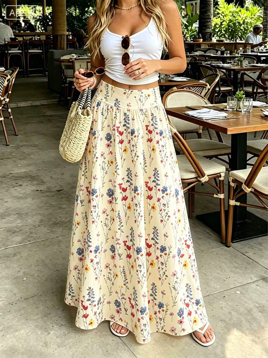 SHEIN PariChic 2026新款优雅风格女士波点高腰喇叭裙,通勤风复古风女装,白色波点女式户外裙 - 彩色 - 查看 1