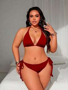 Swim Lushoire 大尺碼女款夏季海灘素色掛脖綁帶性感比基尼與三角泳褲泳衣套裝 - 酒紅色 - 查看 3