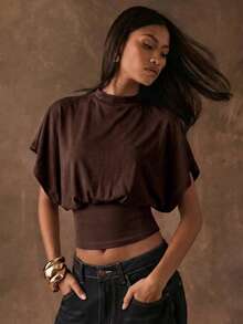SHEIN BAE Women's Solid Color Versatile Ruched Batwing Sleeve T-Shirt,Summer Top - Brown - View 5