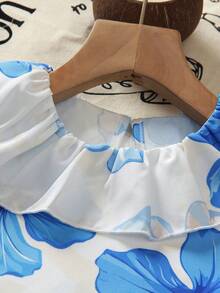 Genkimix Kids 2件裝少女甜美度假風花卉印花無袖荷葉領上衣與休閒長褲套裝，適合日常出遊、公園、度假、海灘、派對、返校，春夏季穿著 - 藍色 - 查看 3