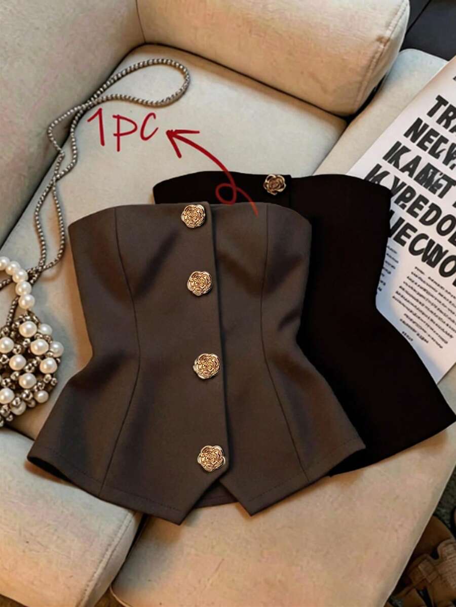 Franclia Women's Exquisite Metal Flower Buckle Business Versatile Strapless Top For Banquet - Coffee Brown - View 1