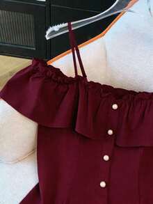 GlowEve Women's Simple Solid Color Ruffle Trim Front Button Off Shoulder Blouse, Summer - Burgundy - View 3