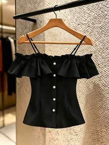 GlowEve Blusa casual y elegante de mujer con decoración de botones y ribete de volantes, para verano - Negro - Ver 5