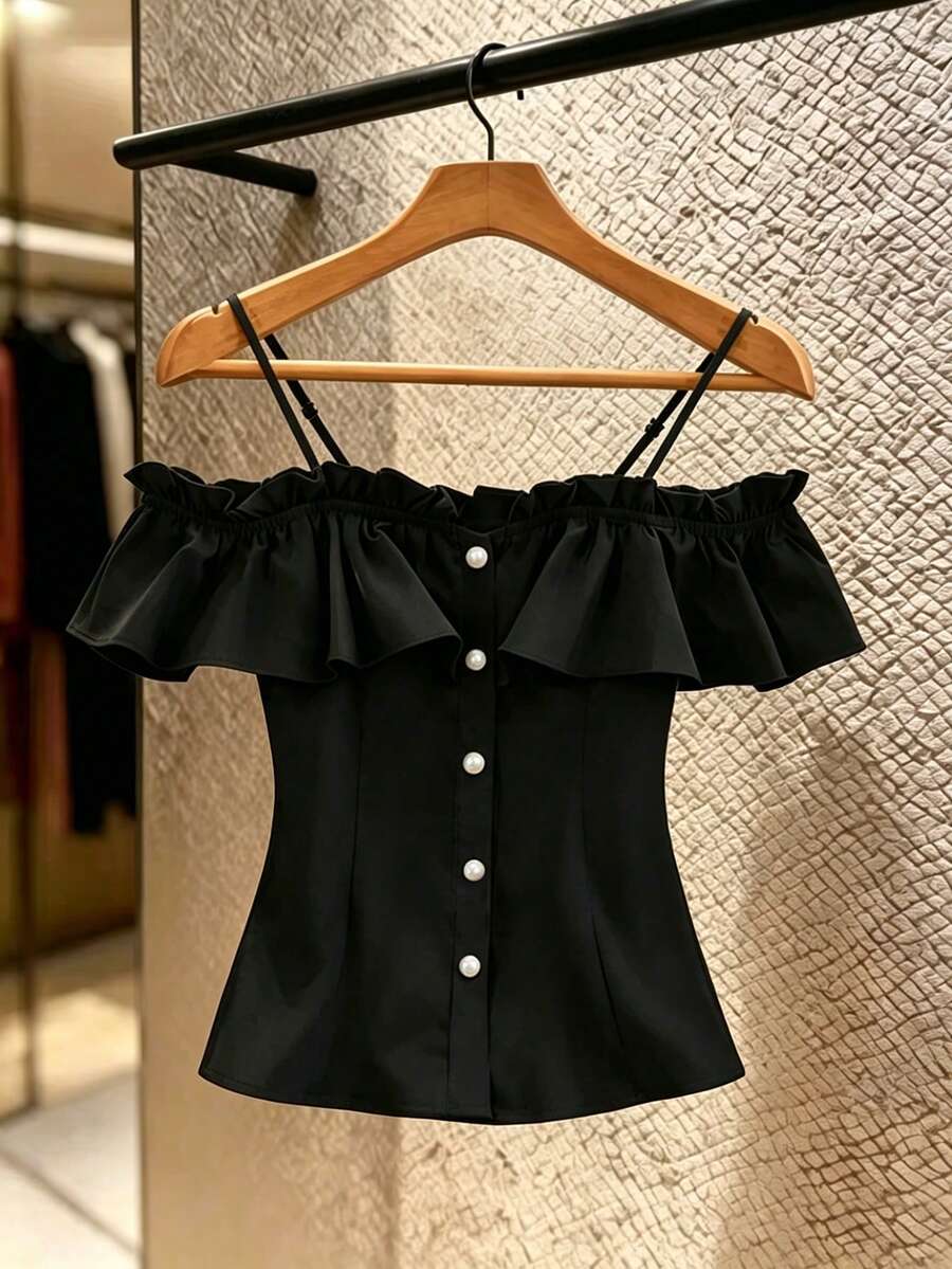 GlowEve Women's Casual Elegant Ruffle Trim Button Decor Top, Summer Off Shoulder Top Ruffle Top Cute Black Top - Black - View 1