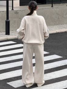 Muchica 2PCS Women's Winter Set Apricot-Colored Women's Knit Long-Sleeve Jacket And Sweatpants Set Featuring Chinese-Style Knotted Button Closures - Apricot - View 2