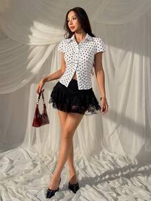 SHEIN EZwear White And Black Polka Dot Woven Polka Dot Fitted Women's Shirt Everyday Date Summer French Victorian Vintage - White - View 4