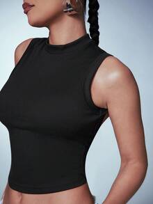 Denimoi Women's Solid Color Backless Round Neck Sleeveless Tight Crop Top, Summer Golf Pastal Sexy - Black - View 6