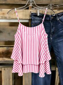 EMERY ROSE Women's Woven Pink And White Casual Cute Beachwear Vacation Summer Top - Pink - View 2