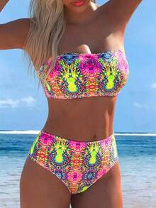 Swim Lushoire Women's Summer Vacation Beach Retro Print Detachable Spaghetti Strap High Waist Bikini Set - Multicolor - View 1