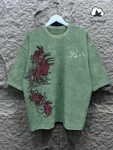 Manfinity EMRG 男士夏季復古街頭風綠色短袖T恤，深紅色花卉藤蔓印花哥德風休閒上衣，春季度假哥德風做舊T恤，深紅色植物印花美式復古街頭風上衣 - 綠色 - 查看 2