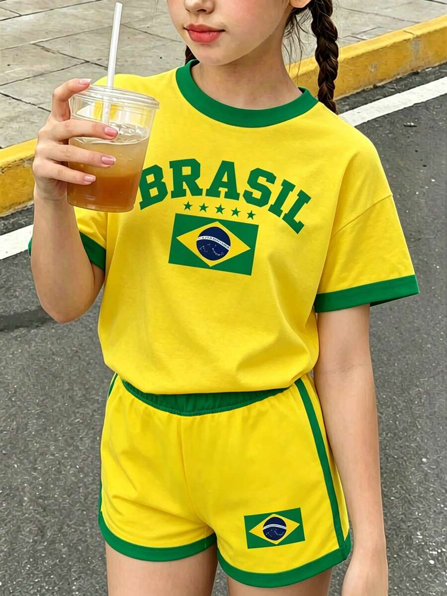 青少年女孩創意個性化巴西五角星黃綠條紋黃色底側雙綠條字母標語圖案休閒風基本款短T恤與短褲套裝日常穿搭套裝 - 彩色 - 查看 1