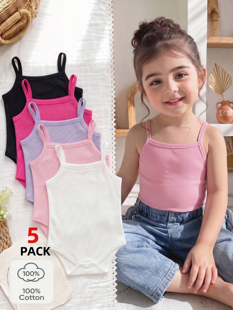SHEIN Playful Pals 5件套女婴幼儿0-3岁休闲百搭纯色罗纹针织连体衣套装 - 彩色 - 查看 1
