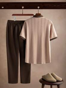 Core Aspect Men's Knit Textured Short Sleeve Shirt + Solid Color Pants 2-Piece Set, Vintage Style Two Pieces, Essential Daily Commute Outfit - Khaki - View 2