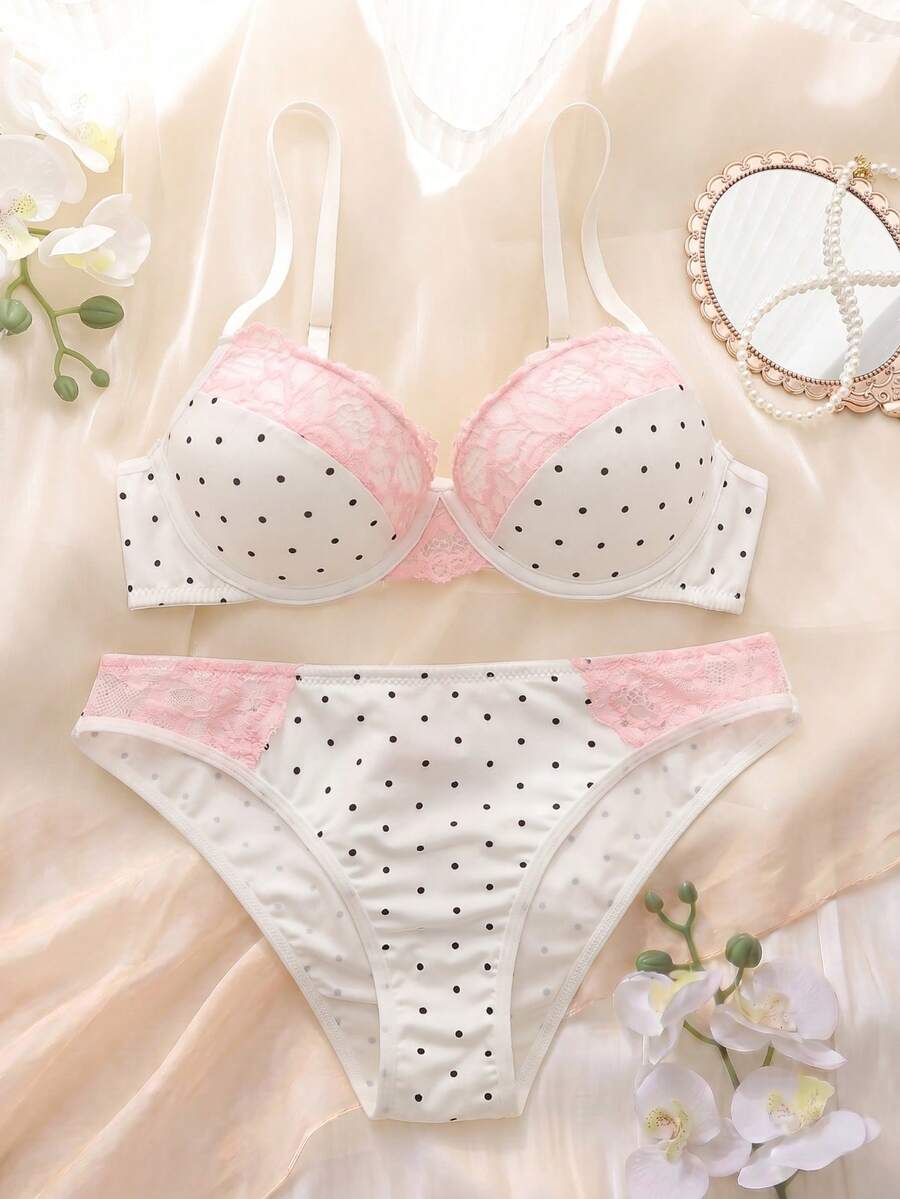DelicateAllure 2pcs Pink Lace Patchwork Polka Dot Bra Set, High Support Underwire Lift & Gather, Cute & Charming Women's Lingerie Set - Black and White - View 1