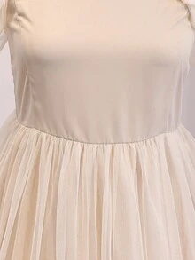 Teen Girls Apricot Off-Shoulder Spaghetti Strap Satin & Mesh Patchwork Elegant Multi-Layer Cake Dress, Lightweight Soft Fabric, Suitable For Vacation, Graduation, Back To School, Wedding Season, Formal Parties And Events - Apricot - View 4