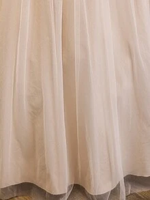 Teen Girls Apricot Off-Shoulder Spaghetti Strap Satin & Mesh Patchwork Elegant Multi-Layer Cake Dress, Lightweight Soft Fabric, Suitable For Vacation, Graduation, Back To School, Wedding Season, Formal Parties And Events - Apricot - View 6