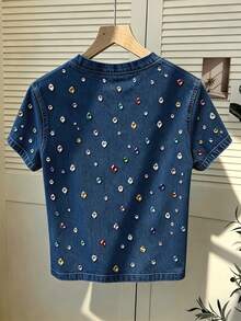Resyla Direkomendasikan Gaya Terlaris, Kaos Wanita Lengan Pendek Leher Bulat Motif Rhinestone Warna-warni yang Manis & Keren, Cocok untuk Belanja Sehari-hari dan Kencan Bersama Sahabat - MultiWarna - View 2
