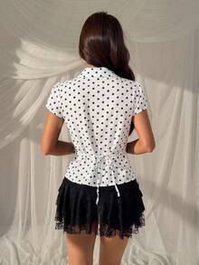 SHEIN EZwear White And Black Polka Dot Woven Polka Dot Fitted Women's Shirt Everyday Date Summer French Victorian Vintage - White - View 2