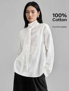 Ontre Women's White Autumn Elegant Semi Formal Cotton Blouse,Long Sleeve Tie Neck Small Stand Collar Boxy Shirt,Business Office Wear Teachers' Day - White - View 3