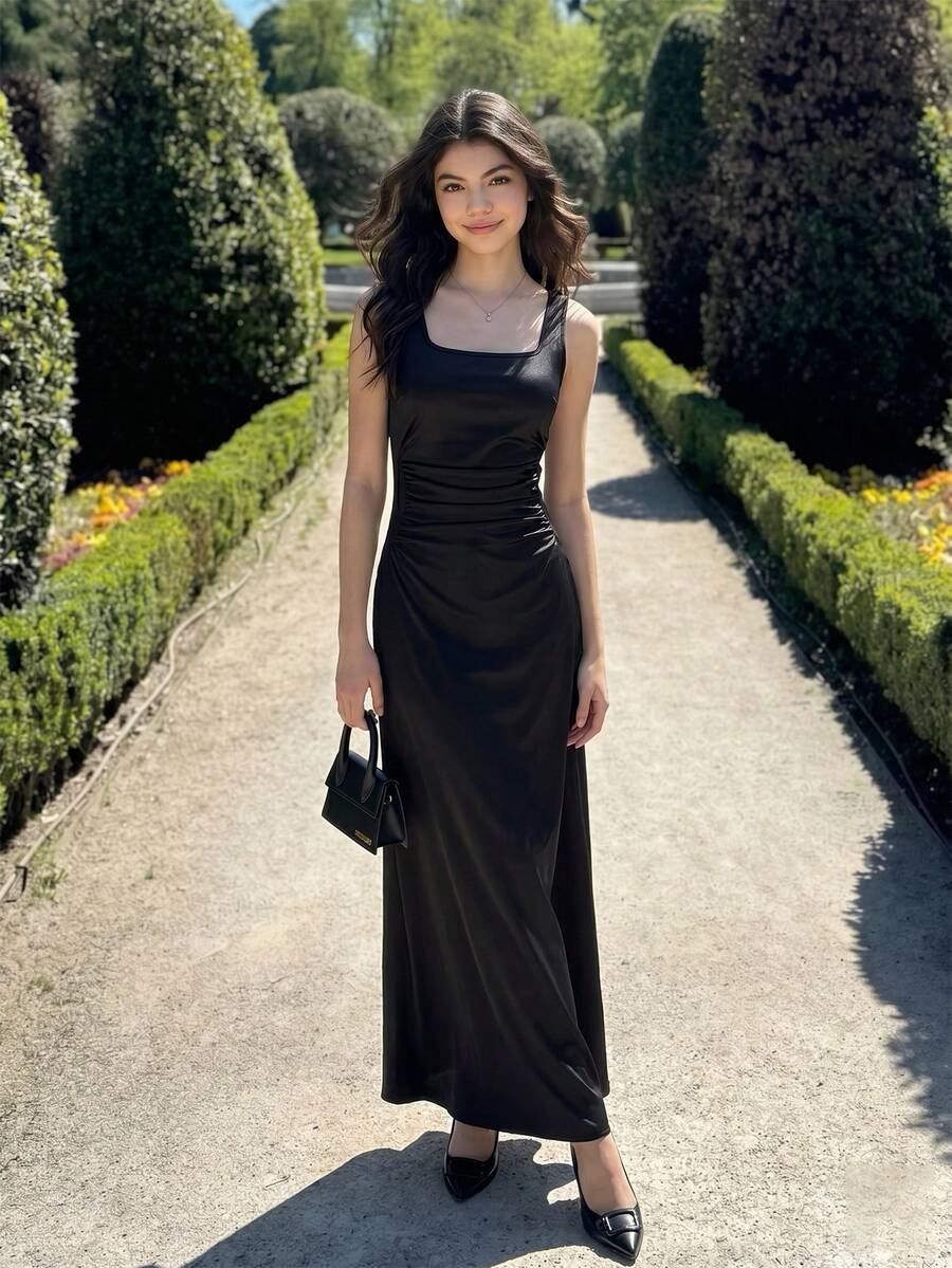 Vestido formal negro para adolescentes, vestido ajustado con tirantes finos y cuello cuadrado, tela ligera y suave, adecuado para vacaciones, graduación, regreso a la escuela, temporada de bodas, eventos formales y fiestas - Negro - Ver 1