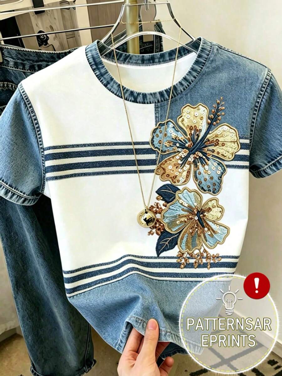 Resyla Camiseta de mujer de talla grande con cuello redondo, manga corta, estilo retro de Hong Kong de verano, bloques de color, patchwork, estampado, versátil y efecto adelgazante - Multicolor - Ver 1