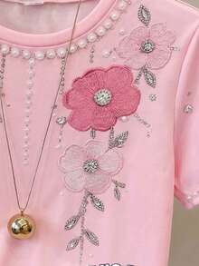 女童精緻復古仿刺繡花卉珠飾仿水鑽圖案印花圓領短袖T恤，適合夏季休閒室內或戶外旅行，完美搭配夏季日常穿搭夏季上衣 - 彩色 - 查看 3