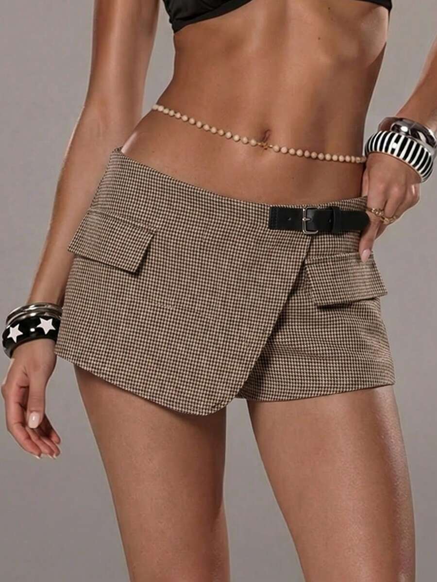 Avenya-petite Jupe-culotte vintage à carreaux bruns taille basse, idéale pour les vacances d'automne et d'hiver, à la mode - Tabac - Voir 1