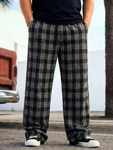 Athstrex Plus Size Men's Casual Plaid Woven Loose Fit Pants, School, Fall - Black and White - View 1