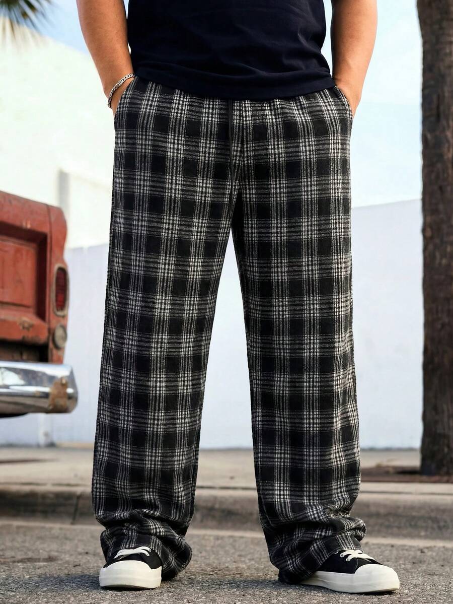 Athstrex Plus Size Men's Casual Plaid Woven Loose Fit Pants, School, Fall - Black and White - View 1