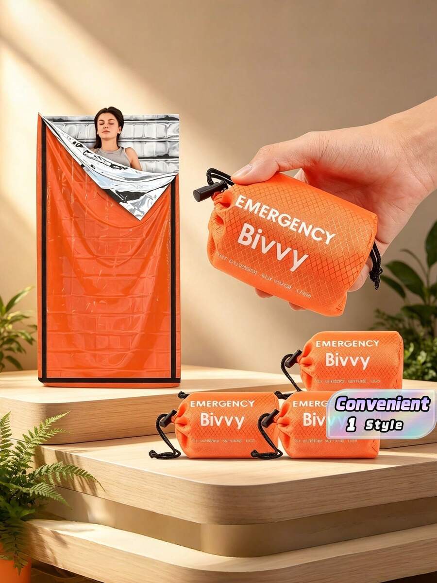 3Pcs Emergency Sleeping Bag Set With Whistle & Storage Bag. Polyester Thermal Blanket, Lightweight & Portable. Ideal For Camping, Hiking, Backpacking And Disaster Situations Like Earthquakes, Hurricanes To Keep Warm. - Orange Emergency Sleeping Bag - View 1
