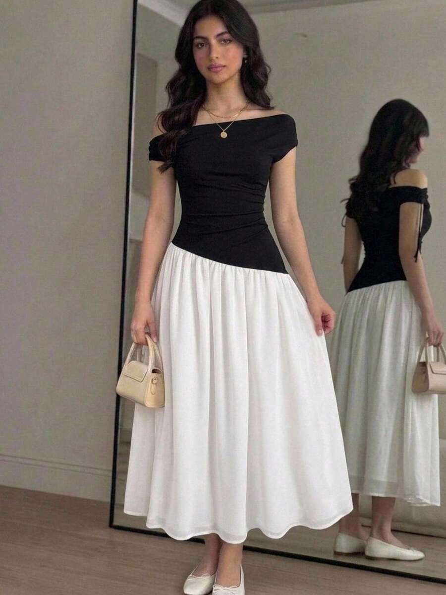 SHEIN 青少年女孩優雅日常通勤無袖百褶中長洋裝,黑白拼接色塊,休閒優雅通勤風,適合春夏戶外穿著 - 黑與白 - 查看 1