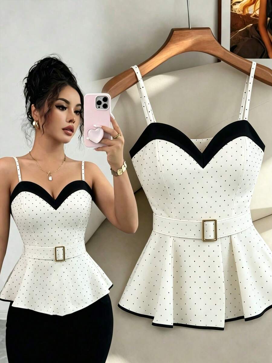 Elenzga Women's Polka Dot Print Waist Cinching Camisole, Fashionable For Commuting - White - View 1