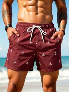 Manfinity KASUA Men's Summer Beach Vacation Style Full Print Anchor Drawstring Waist 2 In 1 Beach Shorts, Holiday - Coffee Brown - View 7